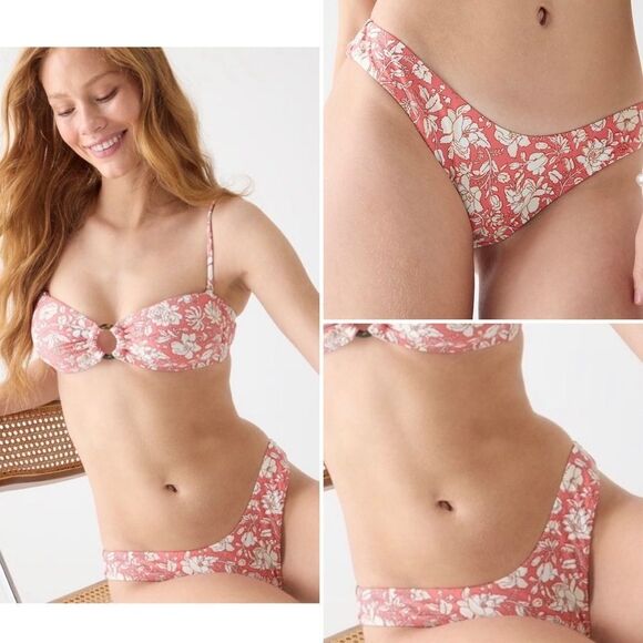J Crew Pink White Floral Curved Waist Cheeky Bikini Bottom Sz M NWT - Picture 1 of 13